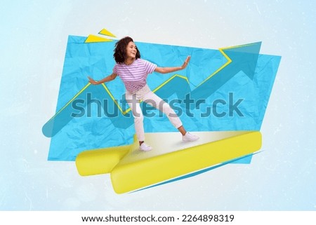 Collage photo of young lady entrepreneur surfing arrow progress motivation graphics finances ukraine economy after war isolated on blue background