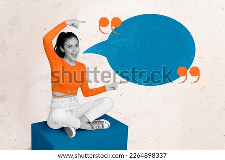Collage artwork photo of young excited girl advertise pointing finger empty space phrase message talk slogan isolated on white color background Royalty-Free Stock Photo #2264898337