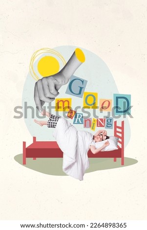 Creative collage of young relaxed girl sleeping wear night mask pajama lying bed cover duvet soft pillow good morning isolated on white background