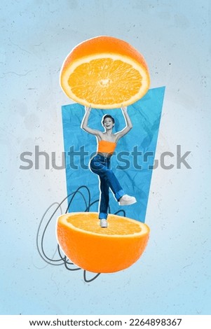 Vertical collage picture of excited positive mini girl hands hold big half orange fruit isolated on creative background