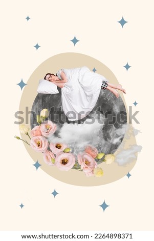 Vertical collage photo artwork of young sleeping relaxed cute girl abstract levitating moon with flowers dreaming isolated on painted background