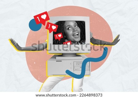 Creative artwork collage image of excited funky black white girl head pc monitor screen receive like notification isolated on drawing background