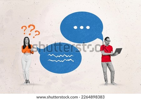 Composite collage image of two back white effect people use smart phone netbook dialogue bubble isolated on creative background