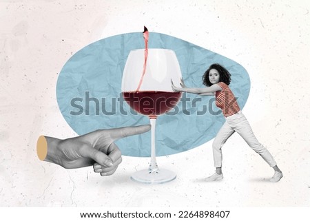 Creative collage picture of huge arm finger push wine glass mini girl resist reject isolated on painted background
