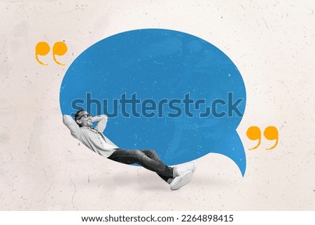 Creative collage image of peaceful black white colors mini man laying relax big empty space dialogue bubble