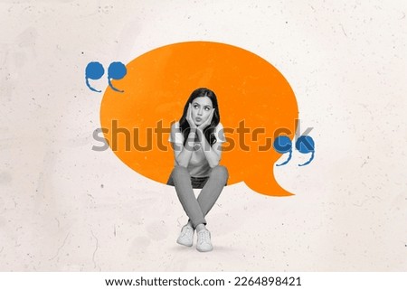 Composite collage illustration of mini black white effect girl sit inside big dialogue conversation bubble contemplate