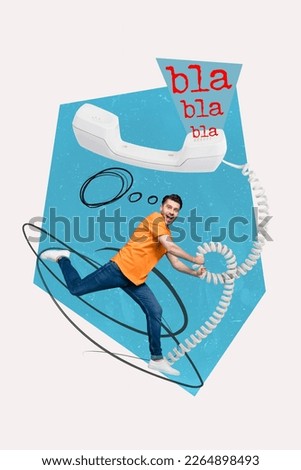 Vertical collage image of excited mini guy hands hold throw big cable telephone bla blah isolated on creative background Royalty-Free Stock Photo #2264898493