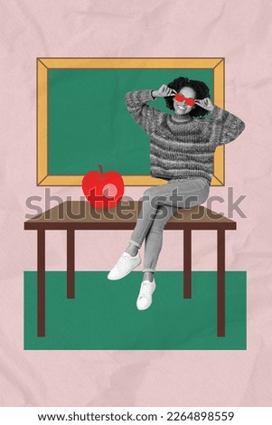 Vertical collage of optimistic charming pretty young girl sitting desk school classroom touch sunglass have fun pause isolated on beige background
