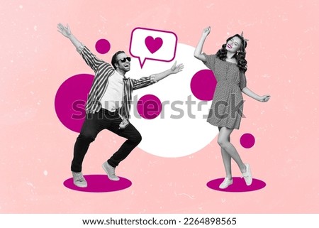 Creative photo collage banner of two young people lovers dancing together sympathy concept discotheque first meeting isolated on pink background