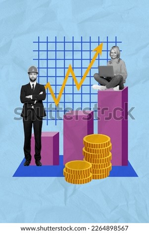 Composite photo collage artwork poster of young business man wear helmet building real estate profit graphic growth isolated on blue plaid background