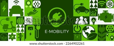 E mobility or electromobility vector illustration. Concept with symbols for eco friendly transportation, vehicle battery and charging, e car technology, and electric or hybrid vehicles. Vector banner. Royalty-Free Stock Photo #2264902261