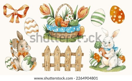 Watercolor Easter elements: Easter bannies, eggs, wooden fence, basket with spring flowers and eggs, bow. Vector Clip art for Easter design.