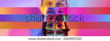 Collage. Smiling look. Human eyes places in narrow stripes of multicolored background in neon light. Different people. Concept of human diversity, emotions, equality, human rights, youth Royalty-Free Stock Photo #2264905103