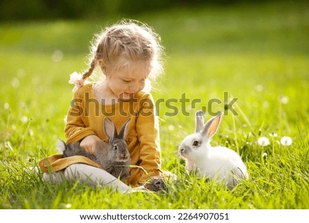 the girl  on the sunny lawn among the rabbits