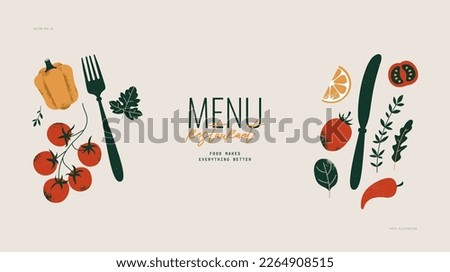 Fork and knife minimalist food design template. Vegetables and herbs. Vector illustration
