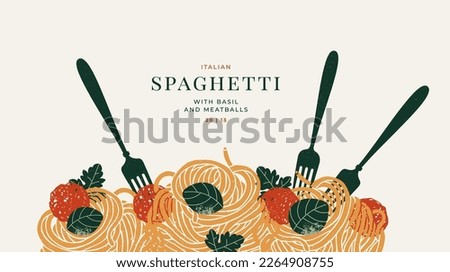 Forks tasting spaghetti with basil and meatballs. Food textured horizontal composition. Vector illustration. Royalty-Free Stock Photo #2264908755