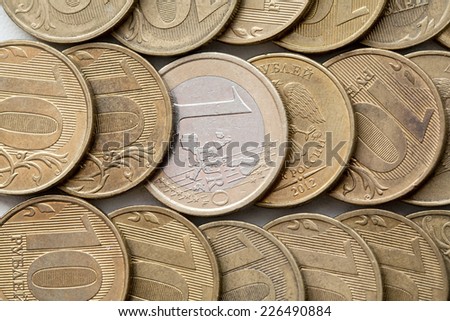 One euro coin in a series of ten-coin