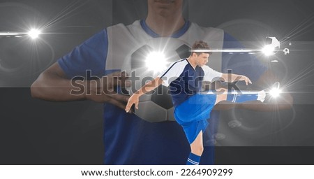 Spot of light against male soccer player kicking the ball and female soccer player holding a ball. sports tournament and competition concept