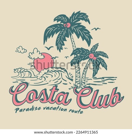 Summer wave surf illustration with palm trees for t shirt, sweatshirt and other uses. Royalty-Free Stock Photo #2264911365