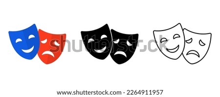 Theater masks icon set. Masquerade vector icons. Comic and tragic mask icons. Happy and unhappy traditional symbol of theater. Funny and sad theater masks. Vector Illustration Royalty-Free Stock Photo #2264911957