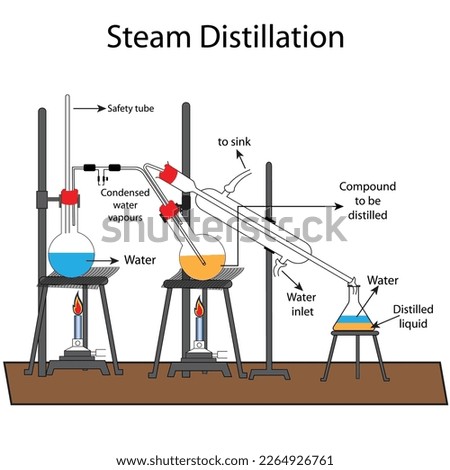 Steam distillation,a separation process that consists in distilling water together with other volatile and non-volatile components.Chemistry illustration. Royalty-Free Stock Photo #2264926761