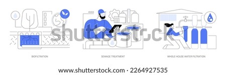 Water purification abstract concept vector illustration set. Biofiltration and sewage treatment, whole house water filtration, microbiotic oxidation, healthcare and hygiene abstract metaphor. Royalty-Free Stock Photo #2264927535