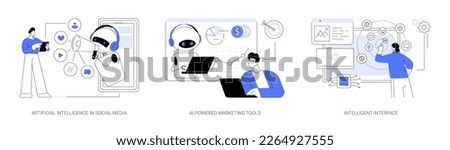 Automated algorithm abstract concept vector illustration set. Artificial intelligence in social media, AI-powered marketing tools, intelligent interface, usability engineering abstract metaphor. Royalty-Free Stock Photo #2264927555