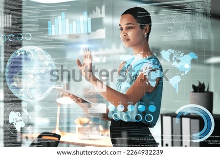 World, tablet and overlay with a business black woman using an ai or ux interface to access the metaverse of data. Digital, future and information with a global network working on a 3d hologram Royalty-Free Stock Photo #2264932239