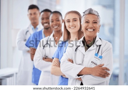 Medical students group, leader and clinic portrait with happiness, diversity or solidarity for healthcare. Nurse, black man and women for motivation, service or collaboration in hospital for learning Royalty-Free Stock Photo #2264932641