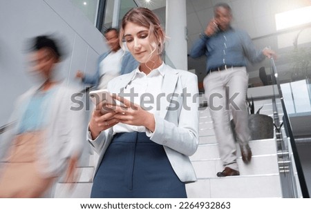 Business woman, smartphone at office with motion blur and communication, fast pace and busy with technology and wifi. Chat, email and social media, female and speed with movement and mobile app Royalty-Free Stock Photo #2264932863