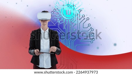 Composition of digital padlock icon with businesswoman wearing vr headset. global business, digital interface, technology and networking concept digitally generated image.