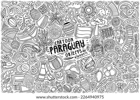 Cartoon vector doodle set of Paraguay traditional symbols, items and objects Royalty-Free Stock Photo #2264940975