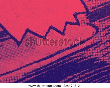 Closeup photo of a real vintage comic book page with red and blue dot pattern print Royalty-Free Stock Photo #2264943121