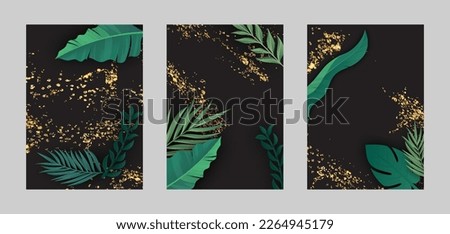  Vector tropical banners set. Banana leaf with gold splash on black background. Exotic botany for cosmetics, spa, perfume, health care products, aroma, tourist agency, summer party invitation
