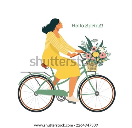 Happy girl dressed in trendy clothes riding city bicycle with flower bouquet in front basket. Adorable young hipster woman on bike. Cute pedaling female bicyclist. Flat cartoon vector illustration. Royalty-Free Stock Photo #2264947339