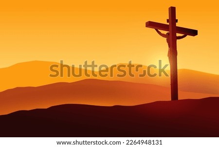 Biblical vector illustration series, back view of Jesus on the cross wearing a crown of thorns