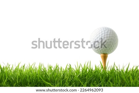 Golf ball with tee on green grass isolate on white background.