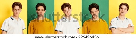 Collage made of closeup portraits of young man expressing different emotions over green and yellow backgrounds. Facial expressions, human behavior and emotions in diverse situation Royalty-Free Stock Photo #2264964361