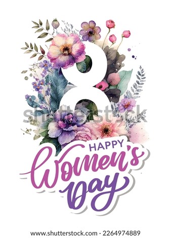 March 8 Happy Women's day greeting card watercolor flowers lettering greeting card. Vector illustration