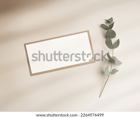 Blank paper card mock up and craft envelope, eucalyptus plant on beige table. White empty letter or invitation, sunlight, beautiful soft shadow. Minimal lifestyle photo. Flat lay, top view, copyspace