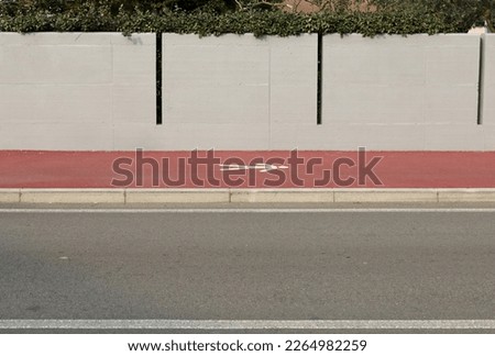 Pedestrian only sign painted on red sidewalk. Gray concrete fence with hedge on behind and street in front. Background for copy space.