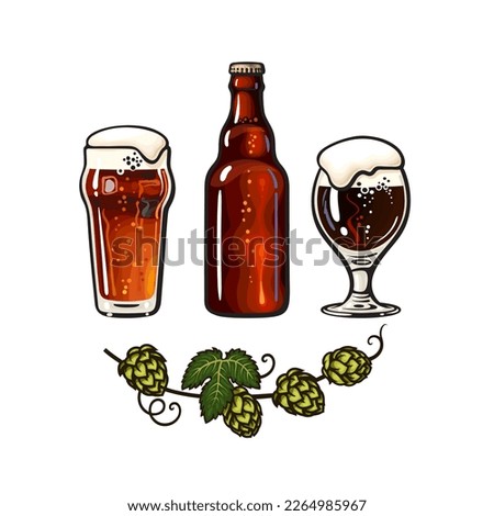 Branch of hop, Nonic pint beer glass,  Goblet beer glass with foam and bubbles and dark glass bottle. Design elements for pub, bar decoration, beer production, brewery. Hand drawn vector illustration.