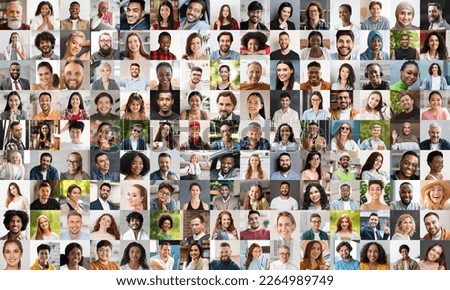 Collection of cheerful multiethnic people smiling and gesturing on various backgrounds, happy attractive men and women, children showing positive emotions, collage, set of closeup photos