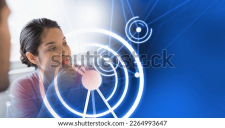 Composition of diverse business team in meeting over interface with white circles. global business communication and digital interface concept digitally generated image.