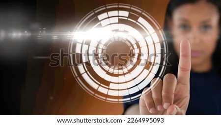 Composition of businesswoman touching screen with scope scanning. global online identity and digital interface concept digitally generated image.