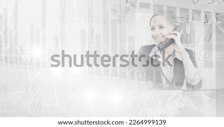 Composition of statistics and financial data processing and businesswoman talking on phone. business and finances, technology and communication concept digitally generated image.