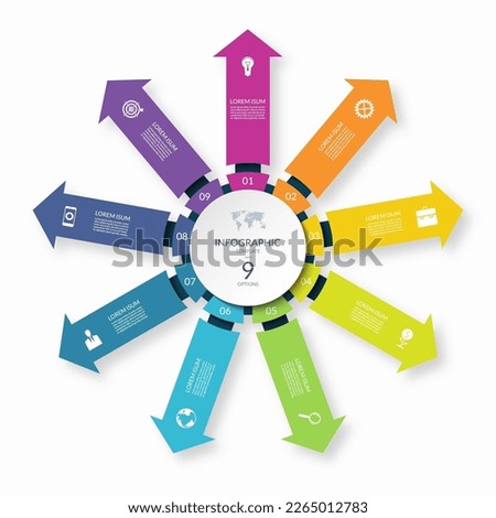 Infographic circle with 9 arrows directed from the center. 9-step colorful vector template for business infographics.