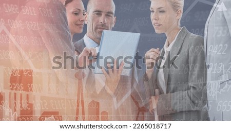 Composition of happy diverse business team in meeting over interface with graph. global business communication and digital interface concept digitally generated image.
