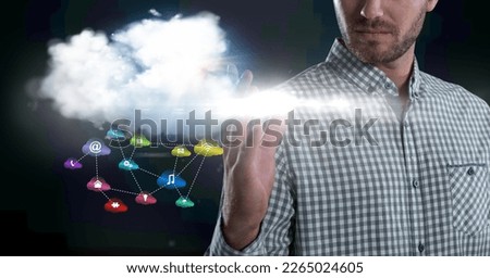 Composition of digital online icons floating with cloud over businessman's hand. global technology, digital interface and communication concept digitally generated image.