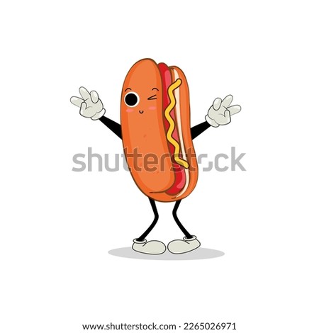 Hot Dog Cartoon mascot character. Food concept. Posters, menus, brochures, web, and icon fast food.  illustration fast food. Funny hot dog, wiener, frankfurter character with eyes, legs.
